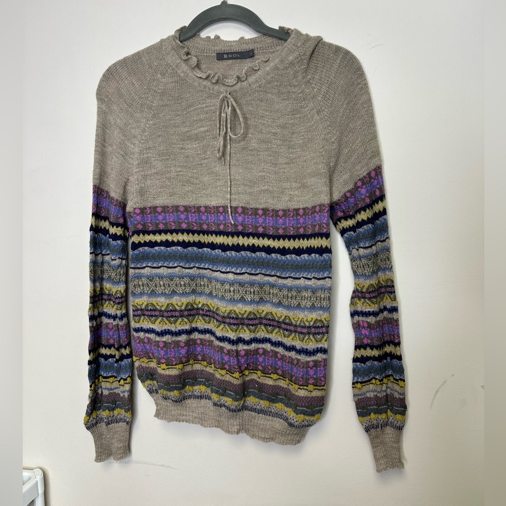 SOL hand knit Peru sweater large 100% baby alpaca tan purple long sleeve soft - Picture 2 of 7